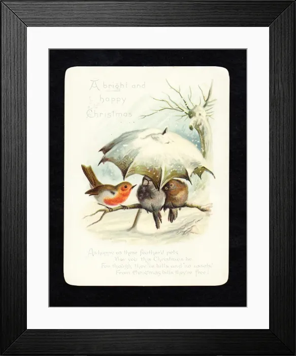 Framed Print : Birds sheltering under umbrella on a Christmas card Framed Print : Birds sheltering under umbrella on a Christmas card