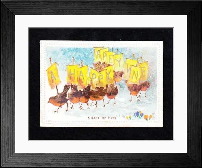 Framed Print : Robins in the snow with banners on a New Year card Framed Print : Robins in the snow with banners on a New Year card