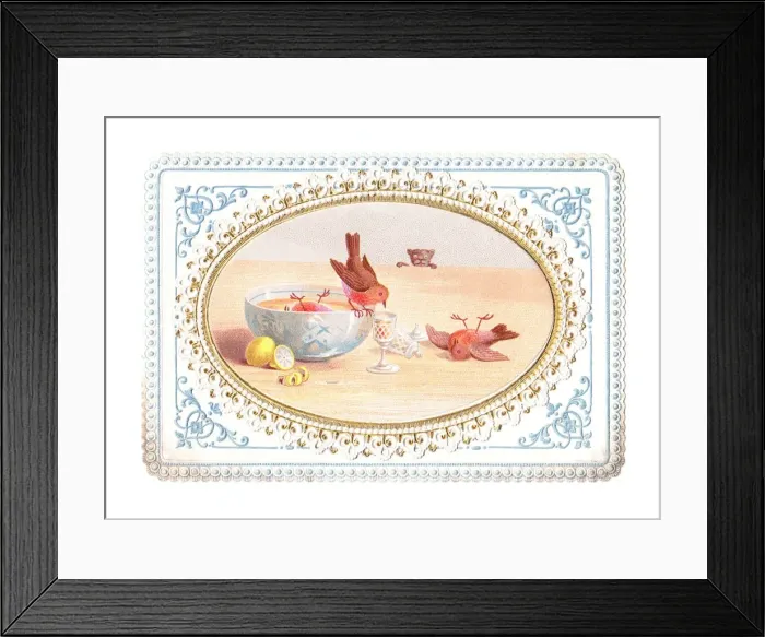 Framed Print : Three robins sampling the punch on a Christmas card Framed Print : Three robins sampling the punch on a Christmas card