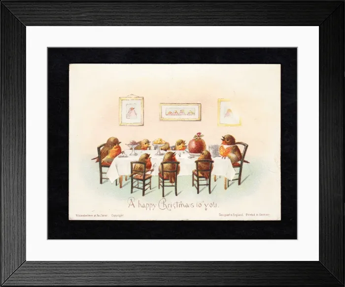 Framed Print : Family of robins at a table on a Christmas card Framed Print : Family of robins at a table on a Christmas card