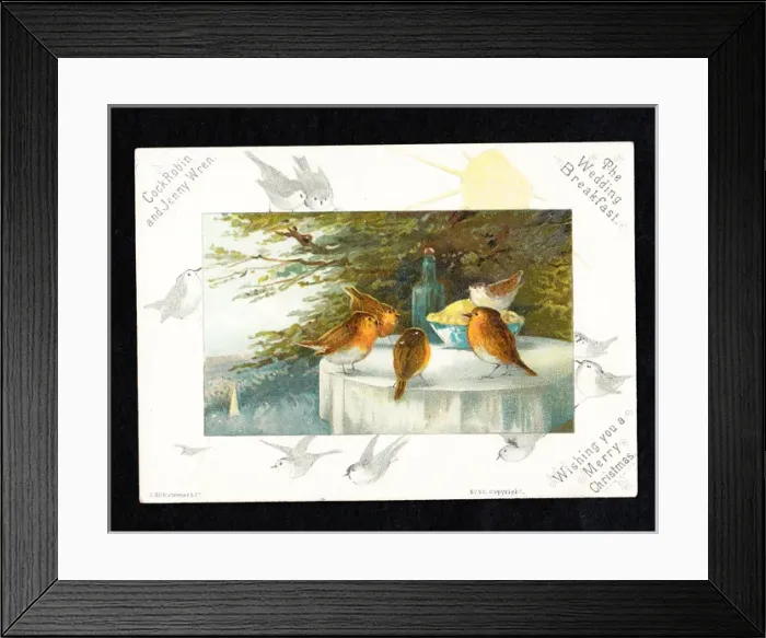 Framed Print : Four robins and a wren on a Christmas card Framed Print : Four robins and a wren on a Christmas card