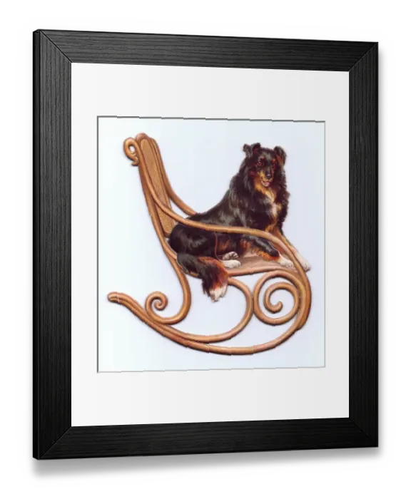 Framed Print : Dog on a rocking chair on a cutout greetings card Framed Print : Dog on a rocking chair on a cutout greetings card
