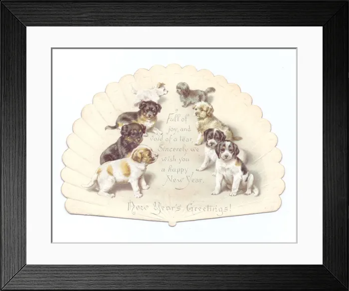 Framed Print : Dogs and puppies on a New Year card in the shape of a fan Framed Print : Dogs and puppies on a New Year card in the shape of a fan