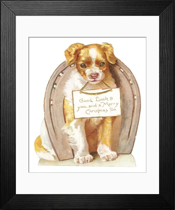 Framed Print : Puppy with horseshoe on a Christmas card Framed Print : Puppy with horseshoe on a Christmas card