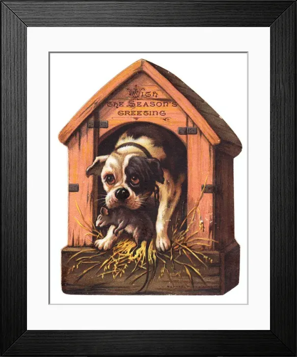 Framed Print : Dog with a rat on a kennel-shaped Christmas card Framed Print : Dog with a rat on a kennel-shaped Christmas card