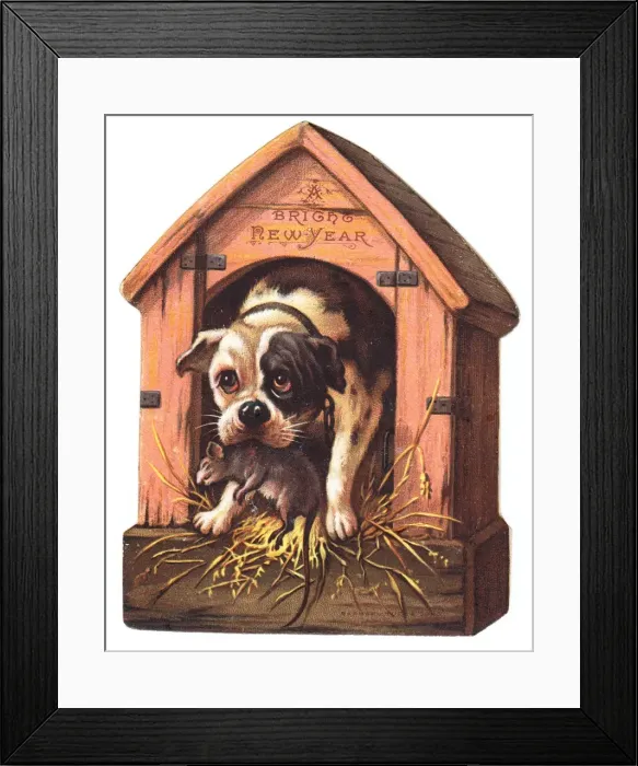 Framed Print : Dog with a rat on a kennel-shaped New Year card Framed Print : Dog with a rat on a kennel-shaped New Year card