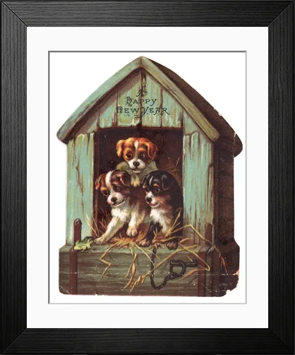 Framed Print : Three puppies on a kennel-shaped New Year card Framed Print : Three puppies on a kennel-shaped New Year card