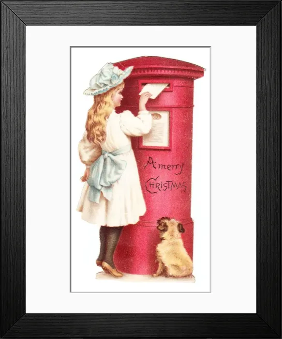 Framed Print : Red pillar box with girl and dog on a Christmas card Framed Print : Red pillar box with girl and dog on a Christmas card