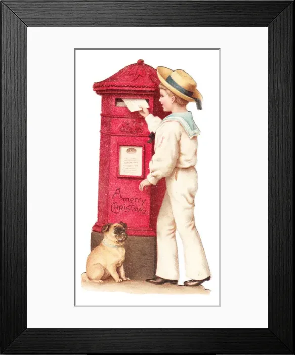 Framed Print : Red pillar box with boy and dog on a Christmas card Framed Print : Red pillar box with boy and dog on a Christmas card