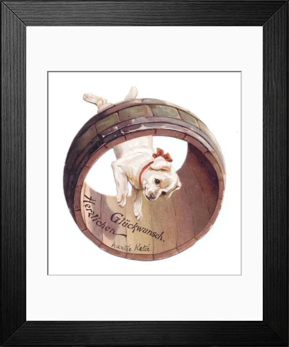 Framed Print : Puppy with barrel on a German Good Luck card Framed Print : Puppy with barrel on a German Good Luck card