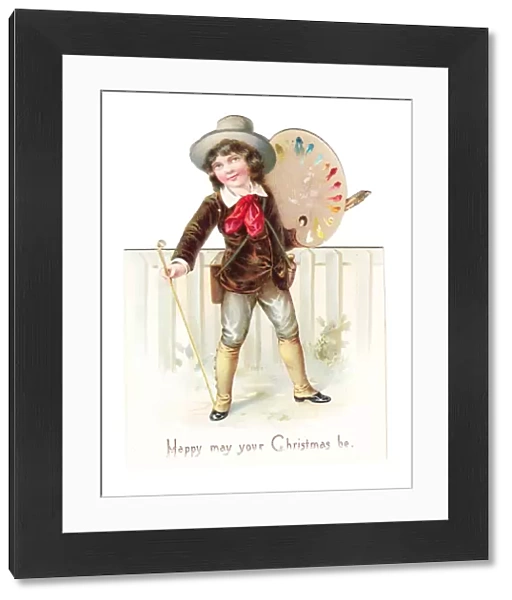 Boy with palette on a cutout Christmas card