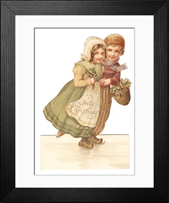 Framed Print : Dutch girl and boy skating on a cutout Christmas card Framed Print : Dutch girl and boy skating on a cutout Christmas card