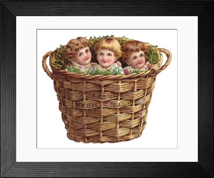 Framed Print : Three children in a basket on a cutout New Year card Framed Print : Three children in a basket on a cutout New Year card