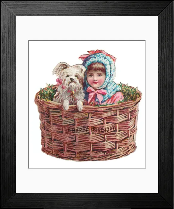 Framed Print : Girl and dog in a basket on a cutout birthday card Framed Print : Girl and dog in a basket on a cutout birthday card