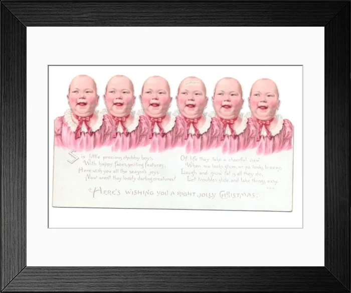 Framed Print : Six babies in pink on a cutout Christmas card Framed Print : Six babies in pink on a cutout Christmas card