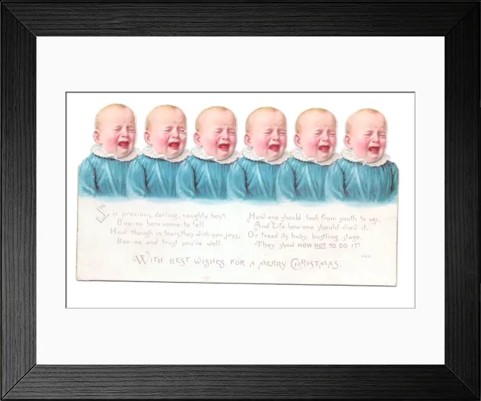 Framed Print : Six babies in blue on a cutout Christmas card Framed Print : Six babies in blue on a cutout Christmas card