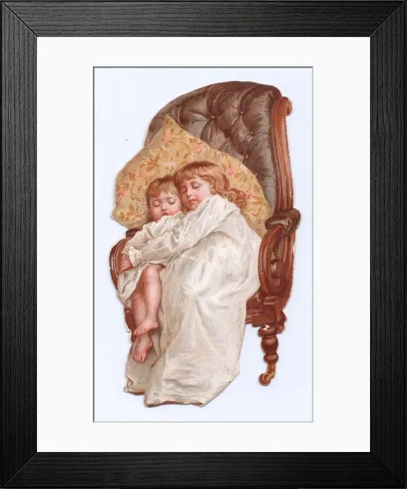 Framed Print : Boy and girl asleep on a chair-shaped greetings card Framed Print : Boy and girl asleep on a chair-shaped greetings card