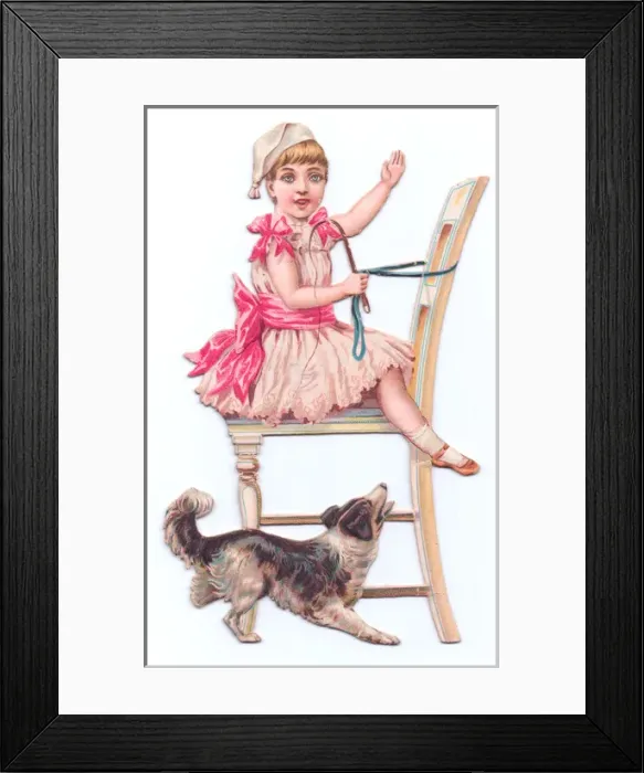 Framed Print : Little girl riding a chair on a cutout greetings card Framed Print : Little girl riding a chair on a cutout greetings card