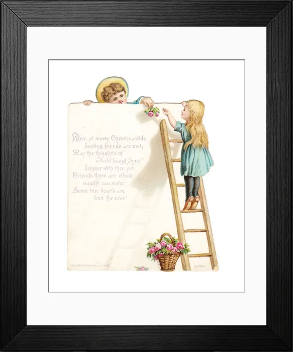 Framed Print : Boy and girl with pink roses on a cutout Christmas card Framed Print : Boy and girl with pink roses on a cutout Christmas card