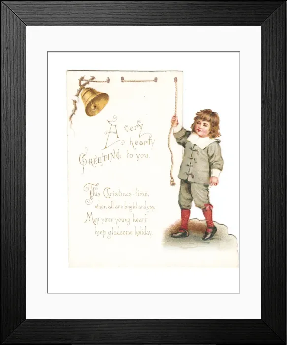 Framed Print : Little boy ringing a bell on a cutout Christmas card Framed Print : Little boy ringing a bell on a cutout Christmas card