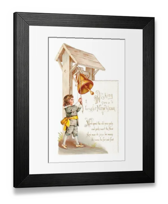 Framed Print : Little boy ringing a bell on a cutout New Year card Framed Print : Little boy ringing a bell on a cutout New Year card