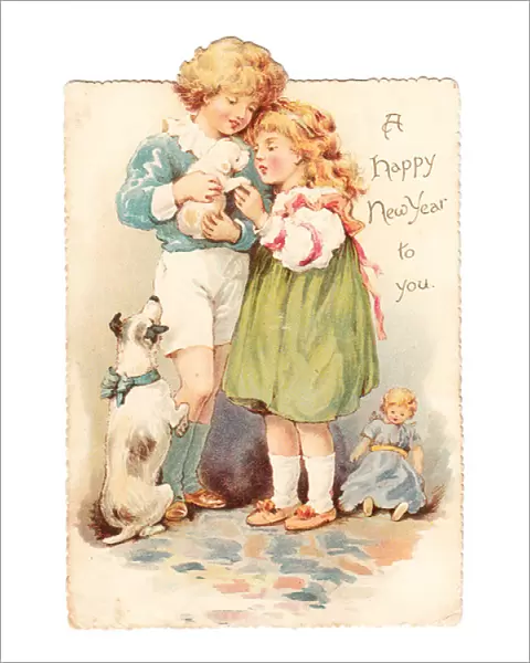 Girl and boy with dog and puppy on a cutout New Year card