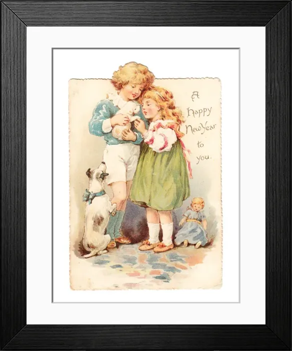 Framed Print : Girl and boy with dog and puppy on a cutout New Year card Framed Print : Girl and boy with dog and puppy on a cutout New Year card
