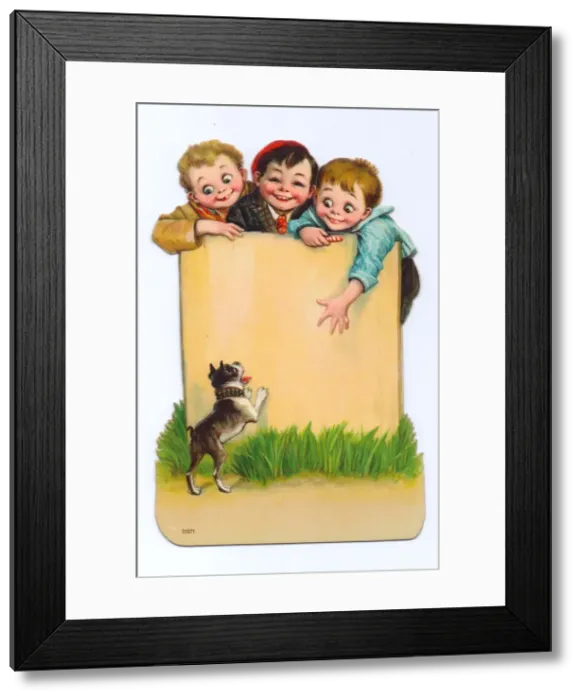 Framed Print : Three boys and a dog on a cutout greetings card Framed Print : Three boys and a dog on a cutout greetings card