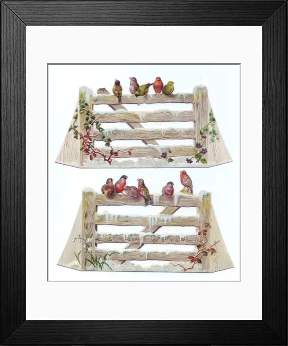 Framed Print : Birds perched on gates on two cutout Christmas cards Framed Print : Birds perched on gates on two cutout Christmas cards