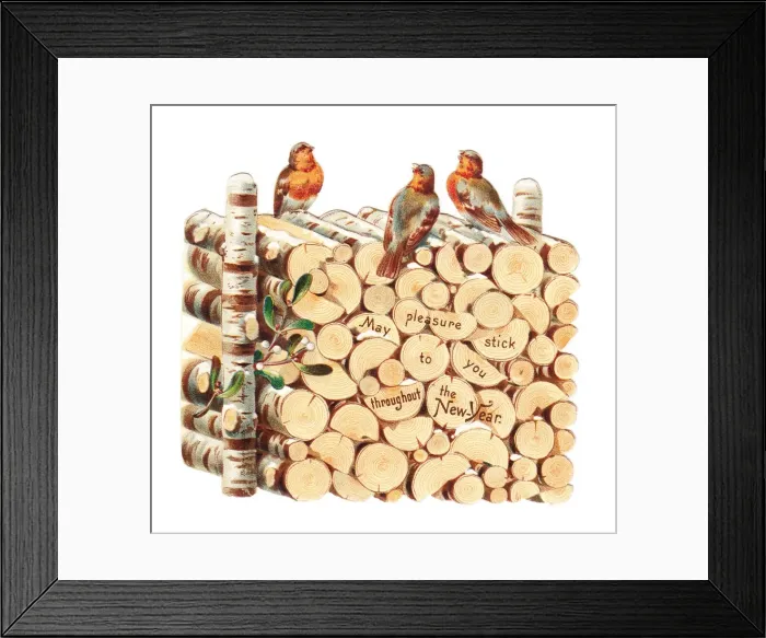 Framed Print : Robins perched on a pile of logs on a cutout New Year card Framed Print : Robins perched on a pile of logs on a cutout New Year card