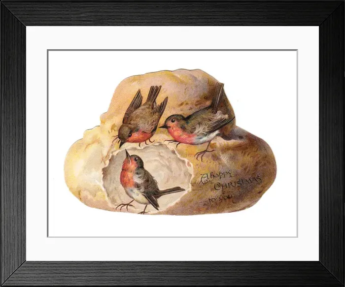 Framed Print : Robins with bread on a loaf-shaped Christmas card Framed Print : Robins with bread on a loaf-shaped Christmas card