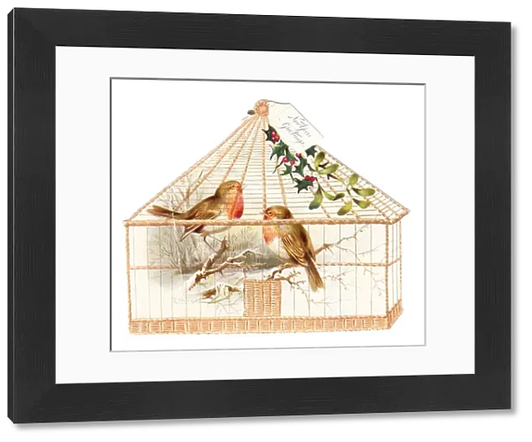 Robins in a cage on a cutout New Year card