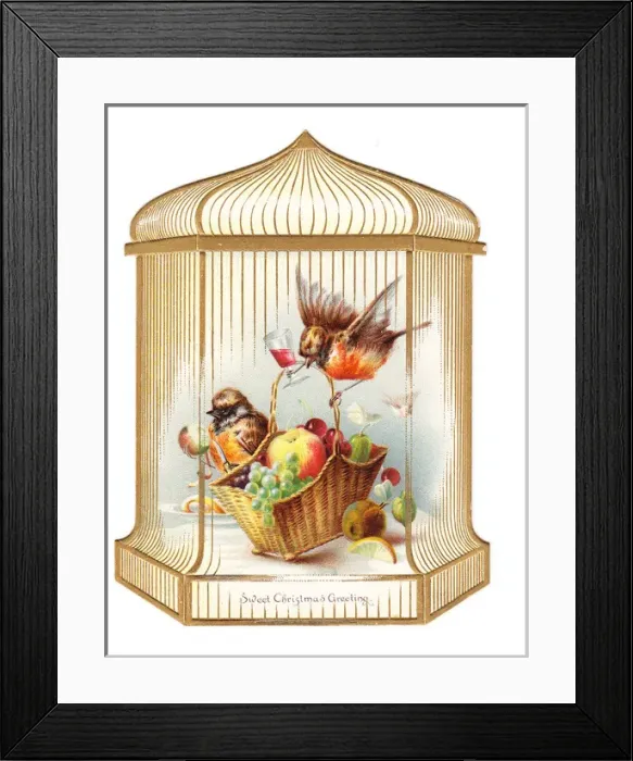 Framed Print : Robins in a cage on a cutout Christmas card Framed Print : Robins in a cage on a cutout Christmas card
