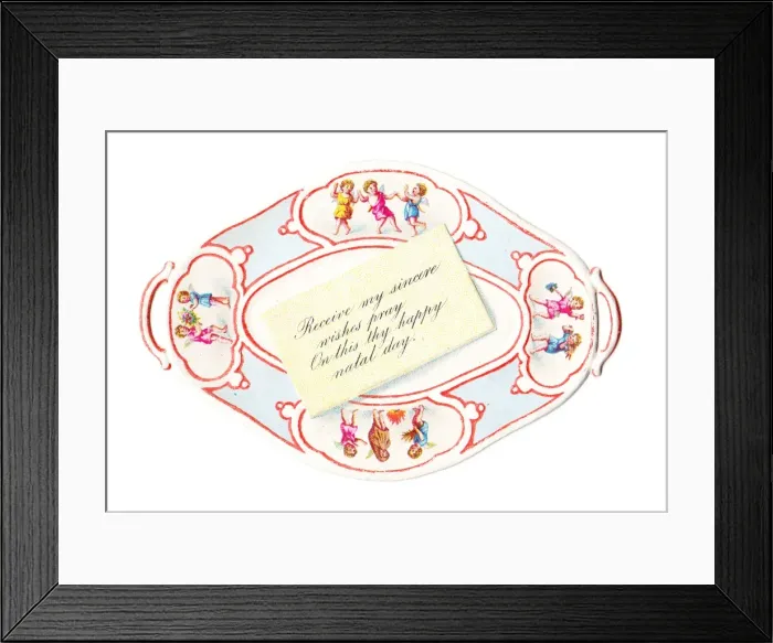 Framed Print : Cupids on a dish-shaped birthday card Framed Print : Cupids on a dish-shaped birthday card