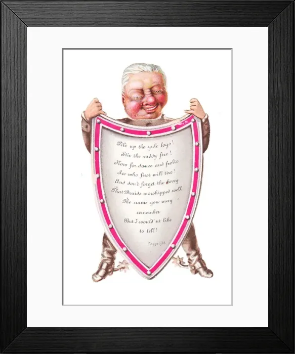 Framed Print : Christmas card in the shape of a man holding a shield Framed Print : Christmas card in the shape of a man holding a shield