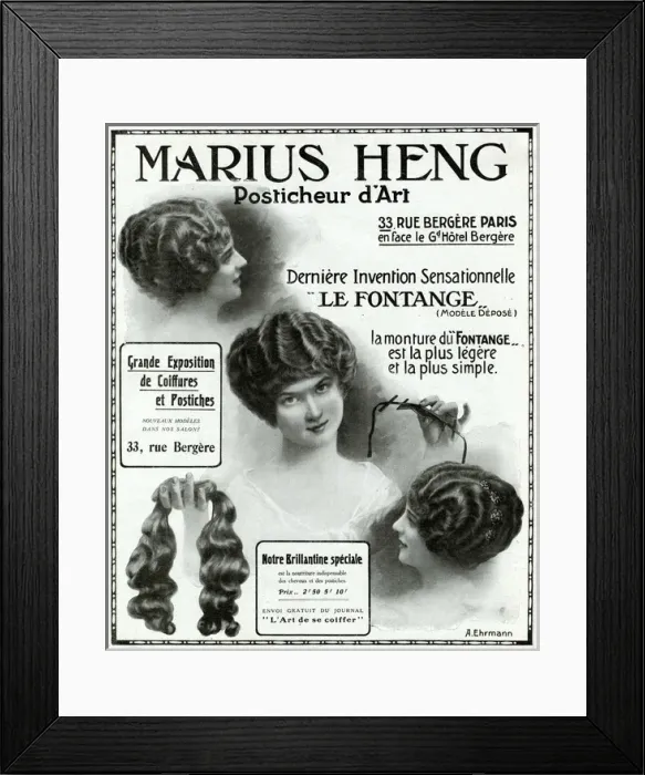 Framed Print : Advert for Marius Heng fake hair grip 1912 Framed Print : Advert for Marius Heng fake hair grip 1912