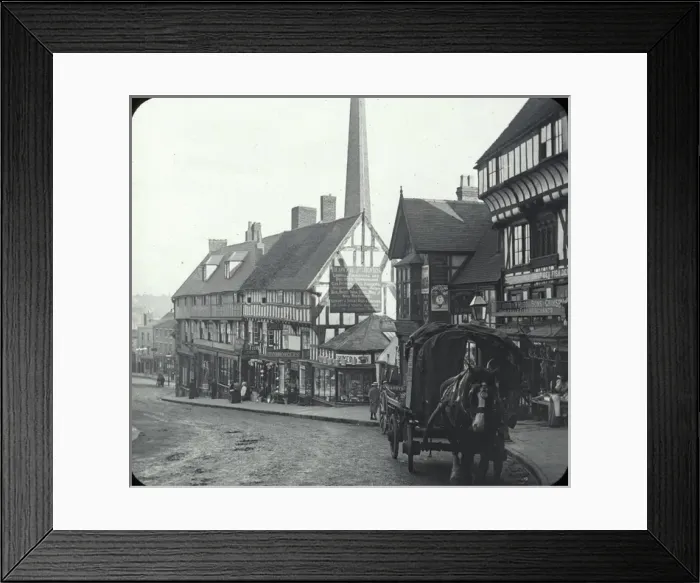Framed Print : Wyle cop - Street with timbered buildings Horse drawn wagon on right Framed Print : Wyle cop - Street with timbered buildings Horse drawn wagon on right