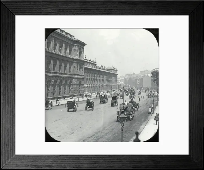 Framed Print : Whitehall - view down whitehall people, companies goods vehicles 2 men wearing palackards Framed Print : Whitehall - view down whitehall people, companies goods vehicles 2 men wearing palackards