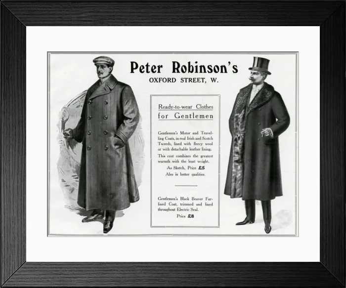 Framed Print : Advert for Peter Robinsons mens motor coats 1909 Framed Print : Advert for Peter Robinsons mens motor coats 1909