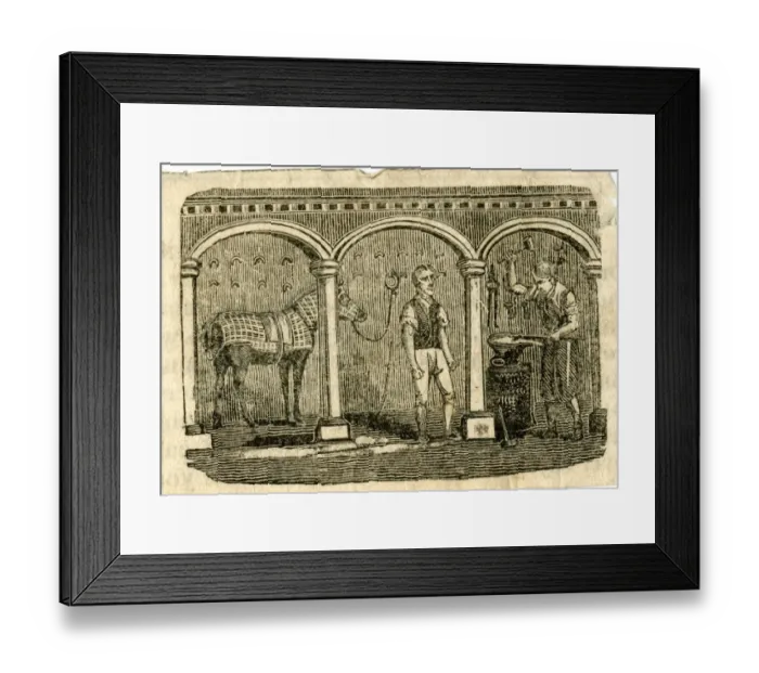 Framed Print : Two men and a horse in a blacksmiths forge Framed Print : Two men and a horse in a blacksmiths forge