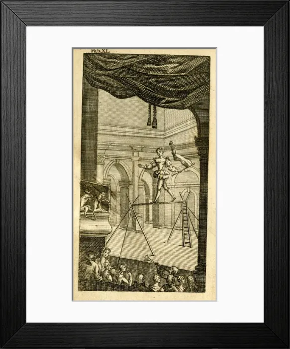 Framed Print : Acrobat walking a tightrope on a stage Framed Print : Acrobat walking a tightrope on a stage