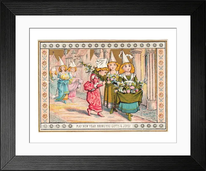 Framed Print : Young women in medieval costume on a New Year card Framed Print : Young women in medieval costume on a New Year card