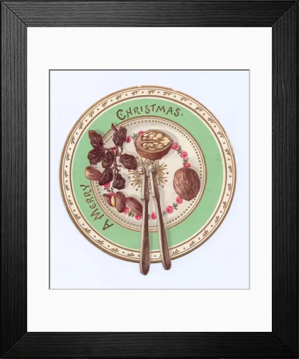 Framed Print : Fruit and nuts on a plate on a cutout Christmas card Framed Print : Fruit and nuts on a plate on a cutout Christmas card