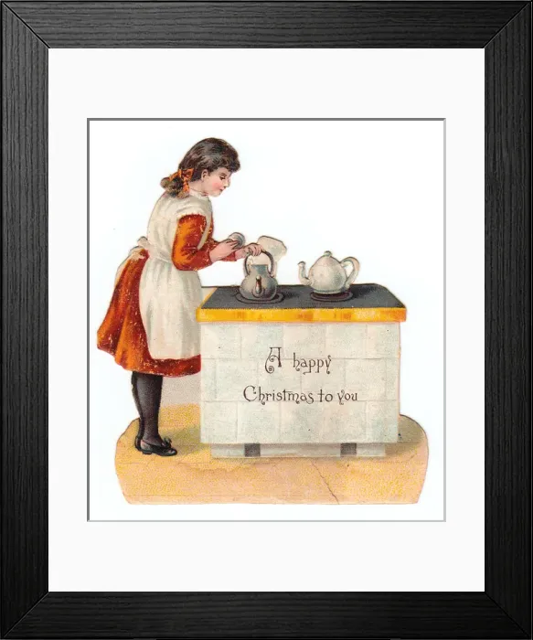 Framed Print : Girl with kettle and teapot on a Christmas card Framed Print : Girl with kettle and teapot on a Christmas card