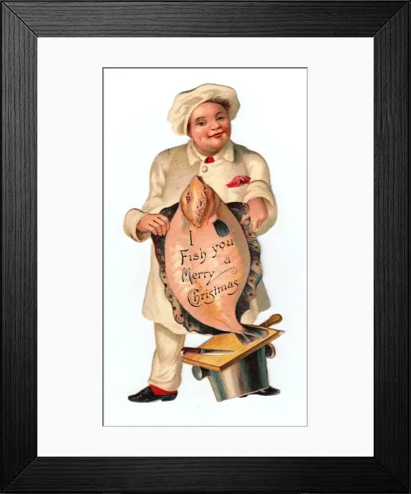 Framed Print : Christmas card in the shape of a man holding a fish Framed Print : Christmas card in the shape of a man holding a fish