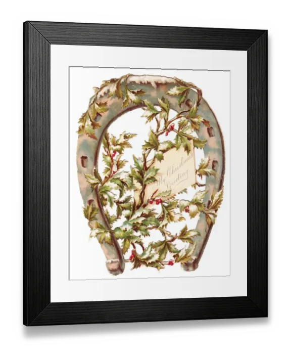 Framed Print : Holly and horseshoe on a Christmas card Framed Print : Holly and horseshoe on a Christmas card