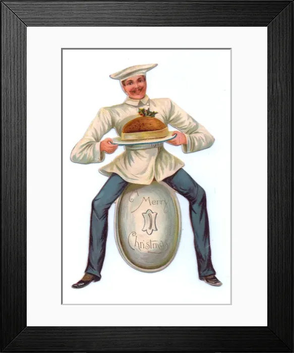 Framed Print : Christmas card in the shape of a chef holding a pudding Framed Print : Christmas card in the shape of a chef holding a pudding