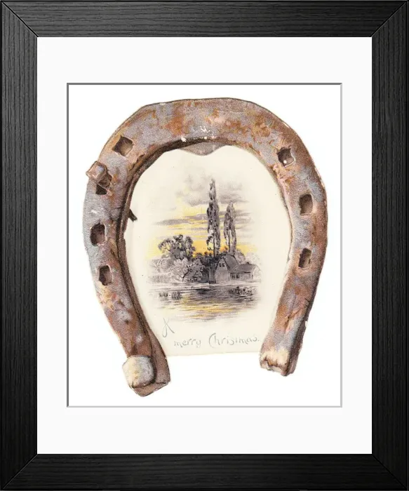 Framed Print : Winter scene and rusty horseshoe on a Christmas card Framed Print : Winter scene and rusty horseshoe on a Christmas card