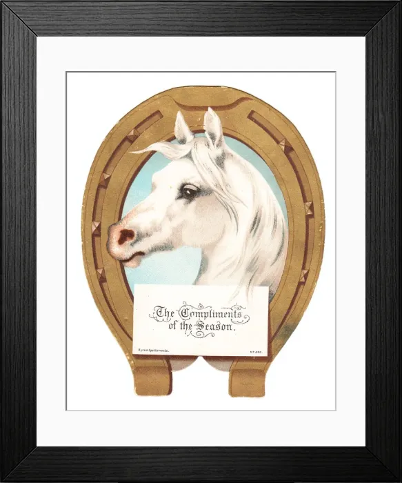 Framed Print : White horses head on a horseshoe-shaped Christmas card Framed Print : White horses head on a horseshoe-shaped Christmas card