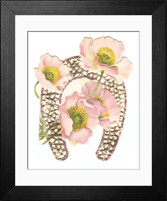 Framed Print : Pink flowers on a horseshoe-shaped greetings card Framed Print : Pink flowers on a horseshoe-shaped greetings card